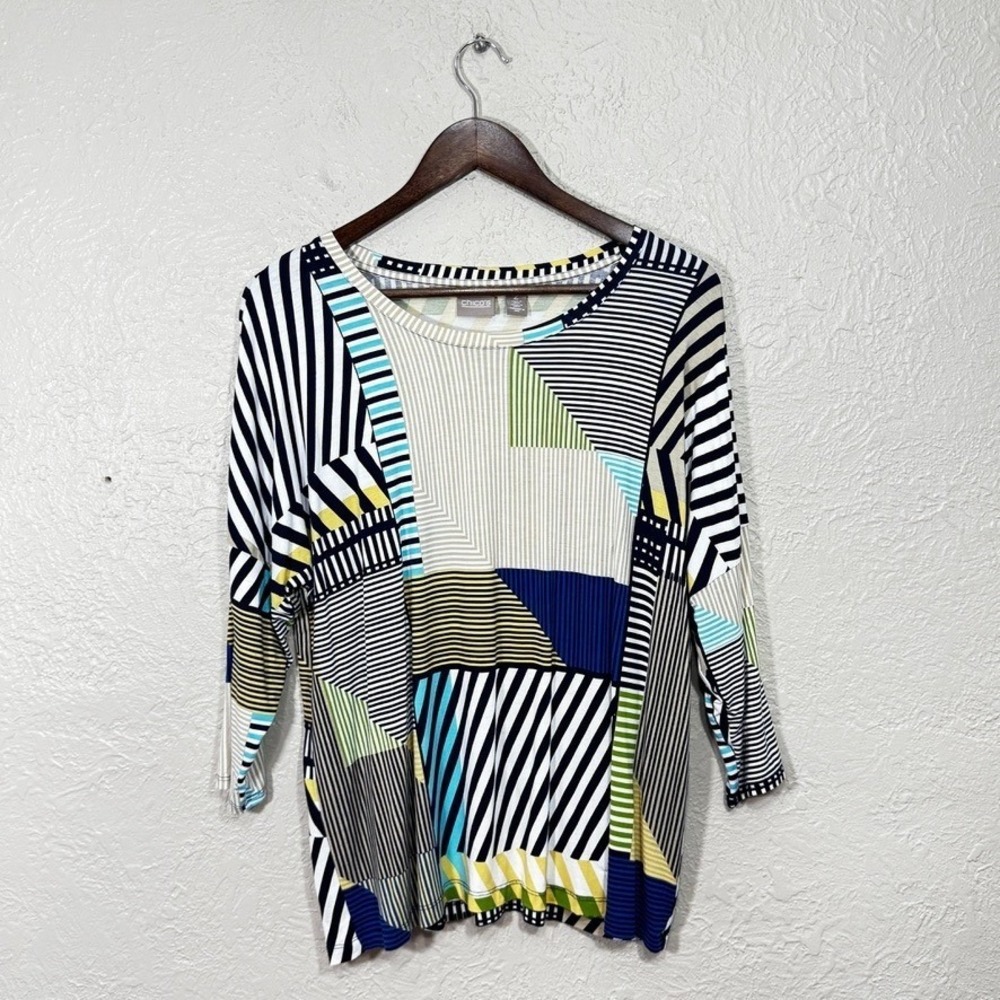 Chicos Top L Geometric Abstract Artsy Wacky Mod Retro Travel Stretch Jersey Knit